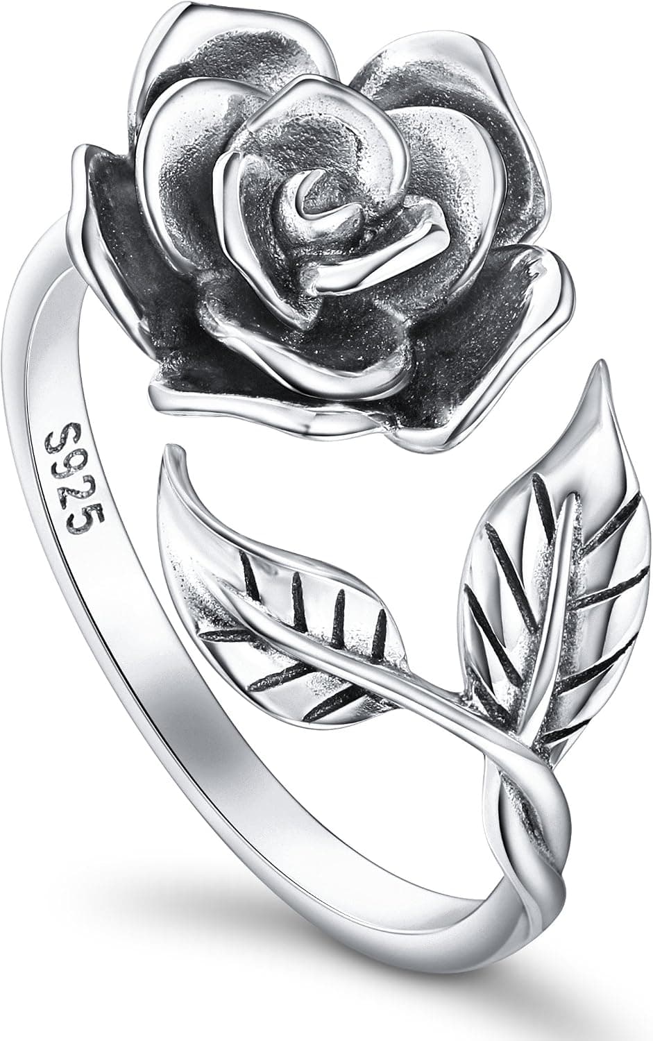 Alphm S925 Sterling Silver Rose Flower Ring Adjustable Wrap Open Jewelry for Women Teen Gift