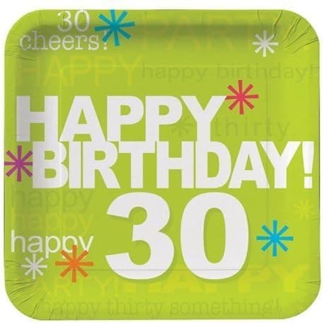 30th Time To Party 7 in. Lunch Plate Square - 8/Pkg.