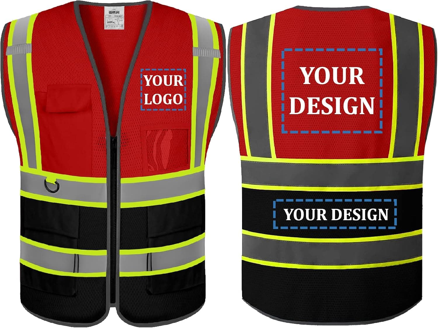Custom Logo Safety Vest Class 2 High Visibility Reflective Vest with Pockets and Zipper Breathable Construction Vest