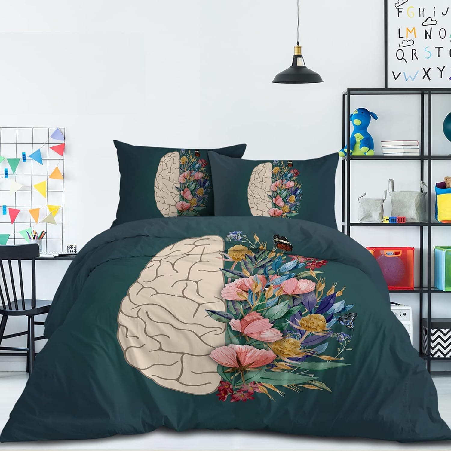 MILANKET Flowered Brain Anatomy Green Duvet Cover, Soft Bedding Set Sage Duvet Covers, Green Microfabric Bedding Comforter Cover with 2 Pillow Shams for Kid Teens Adult, Queen Size