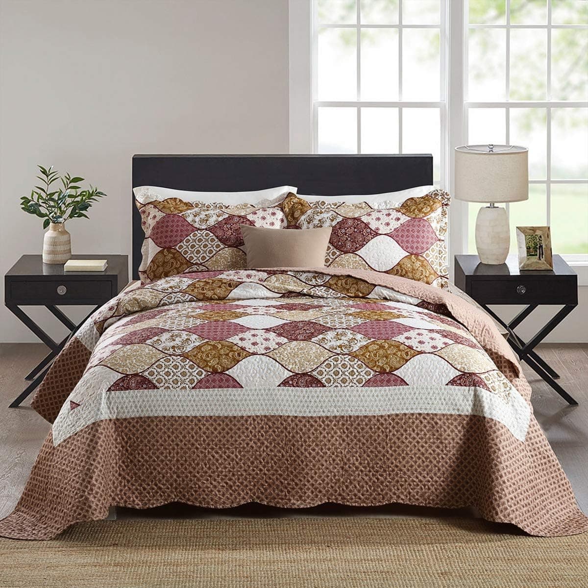 Qucover Royal Ultra Patchwork Quilt Cover Sets Queen 3 Pcs, Polyester Bedspread Quilted Coverlet Bedding Set with 2 Standard Shams, Cheap Quilt Comforter Sets Queen
