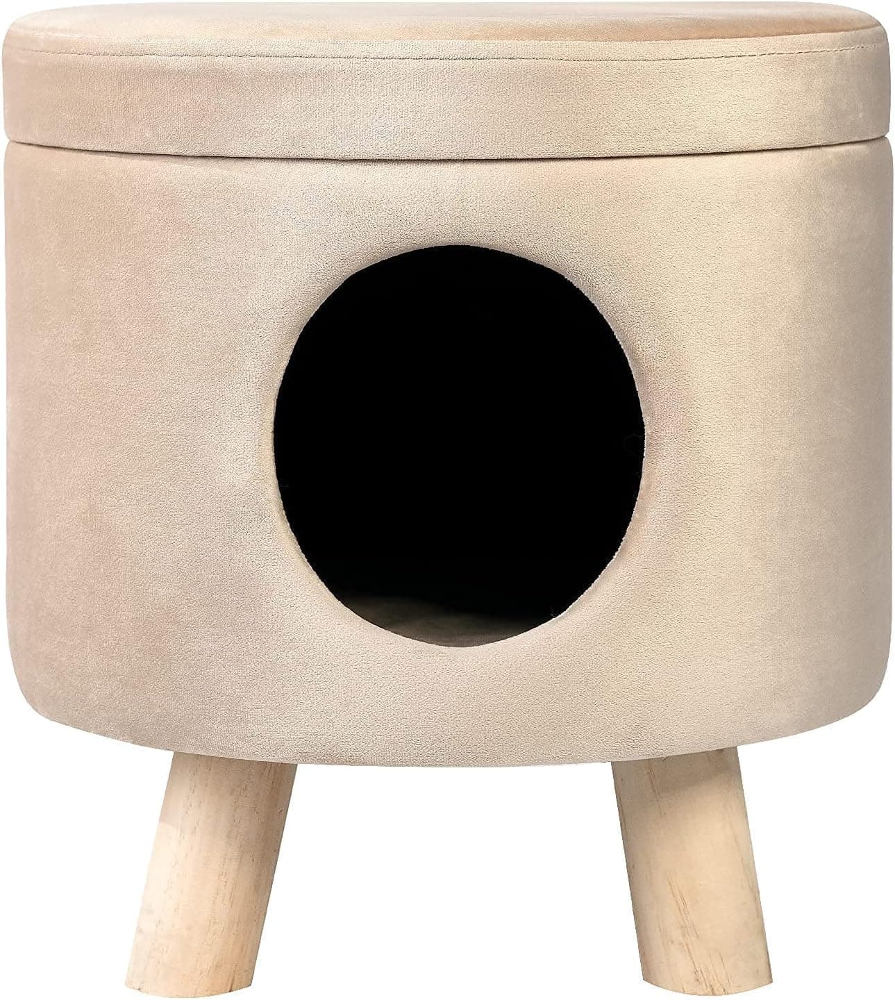 Rolife Small Velvet Round Ottoman with Storage, Round Footrest Solid Wood Stool, Modern Accent Chair, Beige