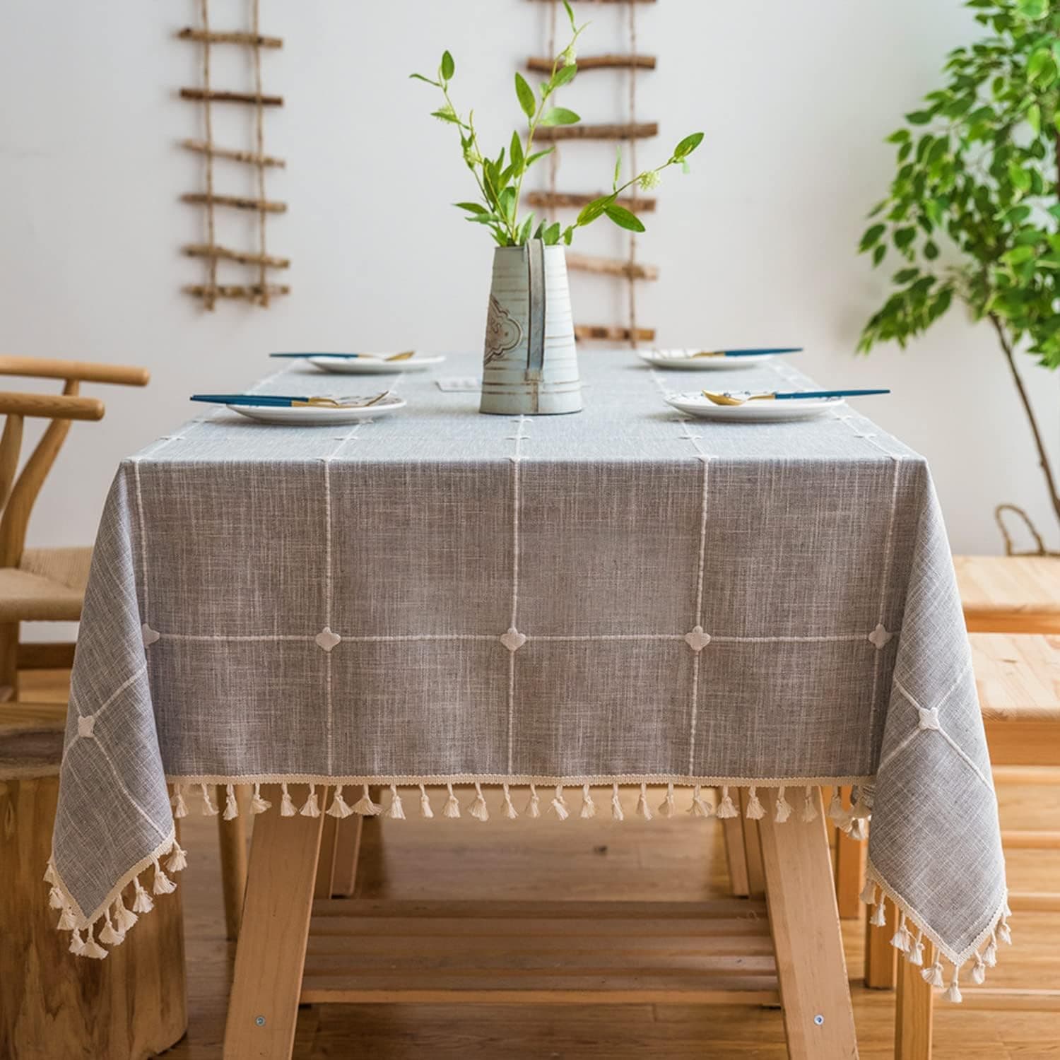 Pahajim Stitching Tassel Tablecloth Heavy Weight Cotton Linen Table Cloths Fabric Dust-Proof Table Cover for Kitchen Dinning Farmhouse Tabletop Decoration (3Grey, Rectangle/Oblong, 55"x71")