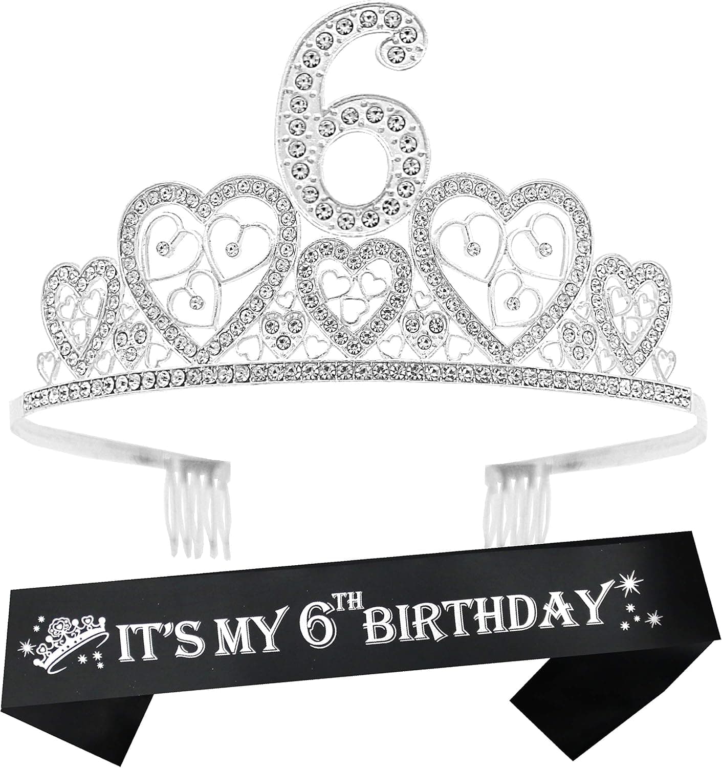 VeryMerryMakering 6th Birthday Sash and Tiara for Girls - Fabulous Glitter Sash + Hearts Rhinestone Silver Premium Metal Tiara for Girls, 6th Birthday Gifts for Princess Party