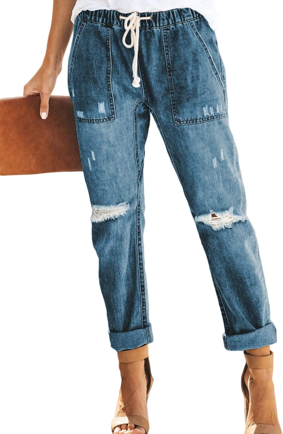 Women's Casual Vintage Wash Loose Fit Ripped Boyfriend Active Mom Jeans Pants Light Blue