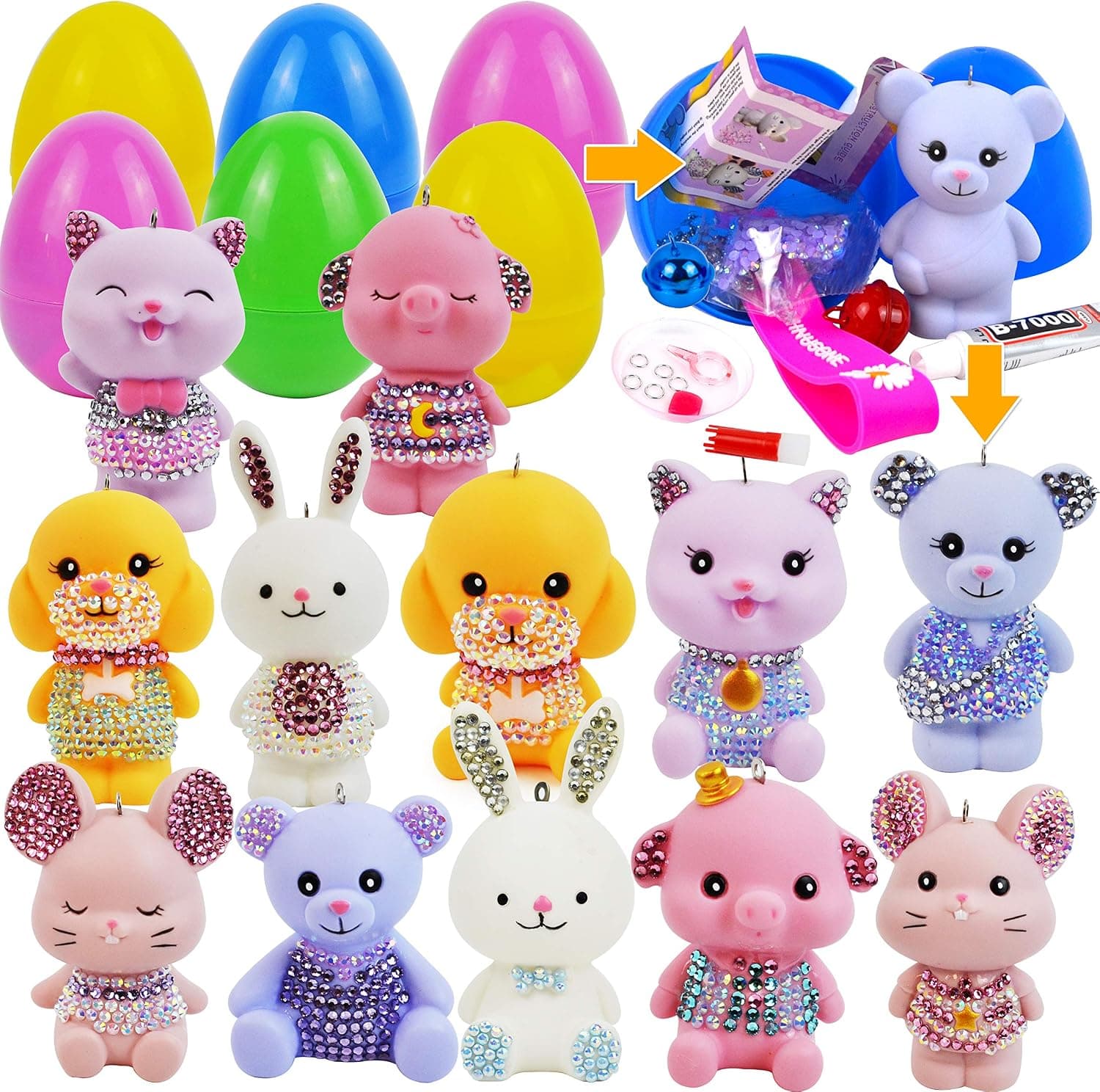 JOYIN 12 PCS Prefilled Easter Egg with Gem Painting Kits Diamond Keychains, Make Your Own Easter Characters and Diamond Painting Arts, Easter DIY Craft Creativity Activity, Easter Egg Hunt Basket Stuffer