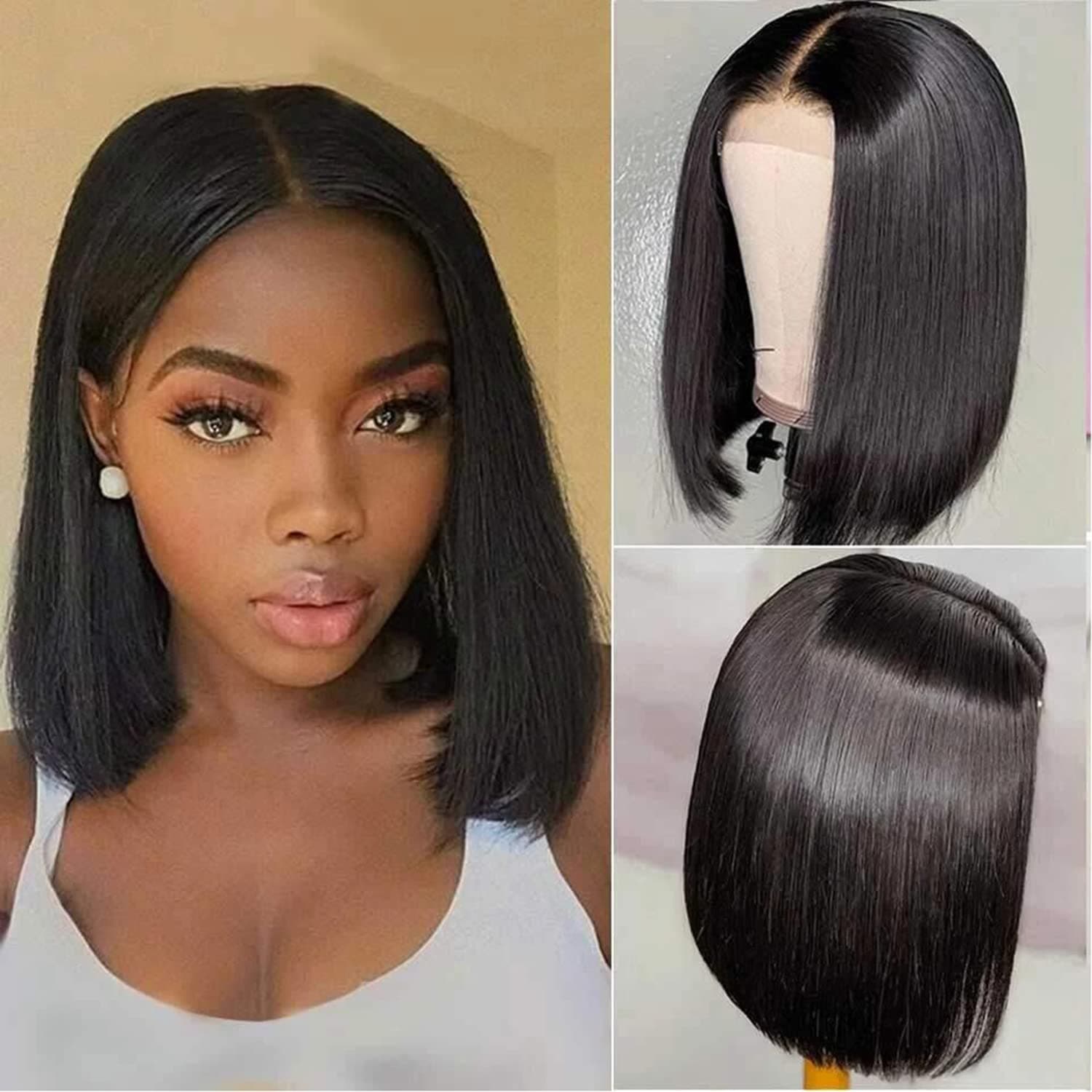 seelaak 13x4x1 T Part Human Hair Lace Wig Natural Black Short Bob Wigs 100% Human Hair Lace Frontal Bob Wigs Pre Plucked with Baby Hair for Black Women 180% Density 8 Inches Straight Wigs