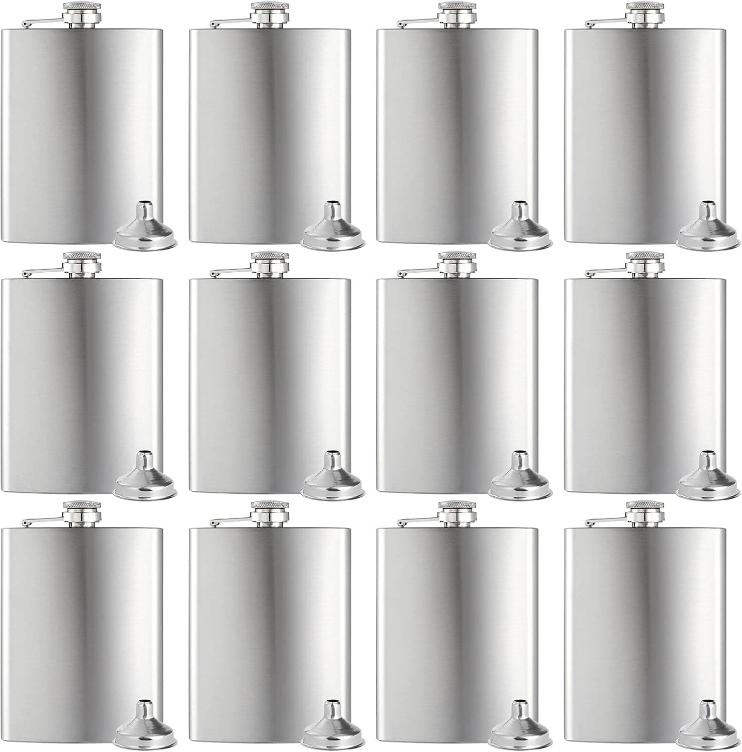 Hip Flasks for Liquor for Men Women 12 pcs 8Oz Silver Stainless Steel Flask with 12 pcs Funnels for Wedding Party Groomsman Bridesmaid Birthdays Gift