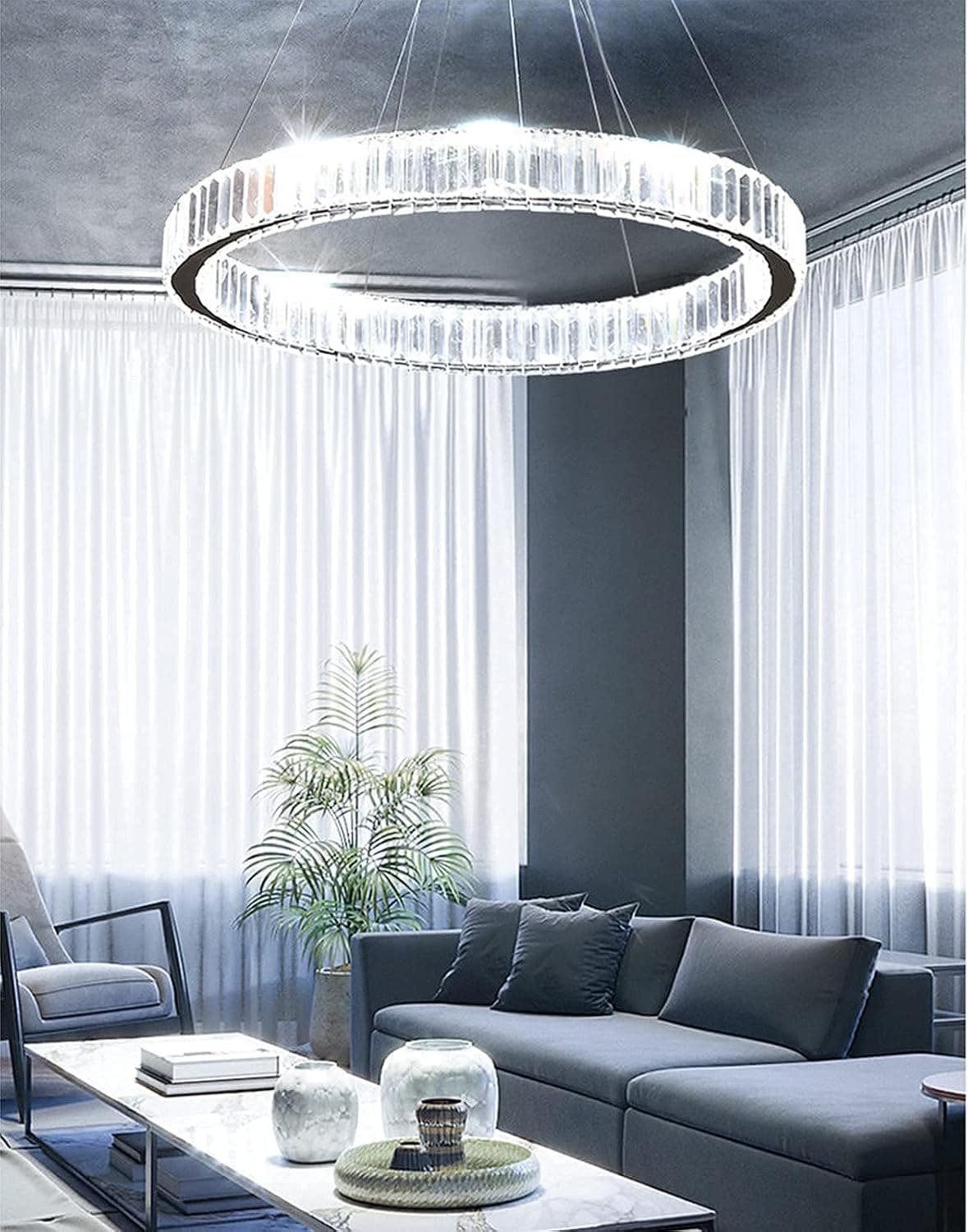 yomay Modern Crystal Chandelier LED Ring Pendant Light 24" Round Crystal Chandeliers for Living Room Dinning Room
