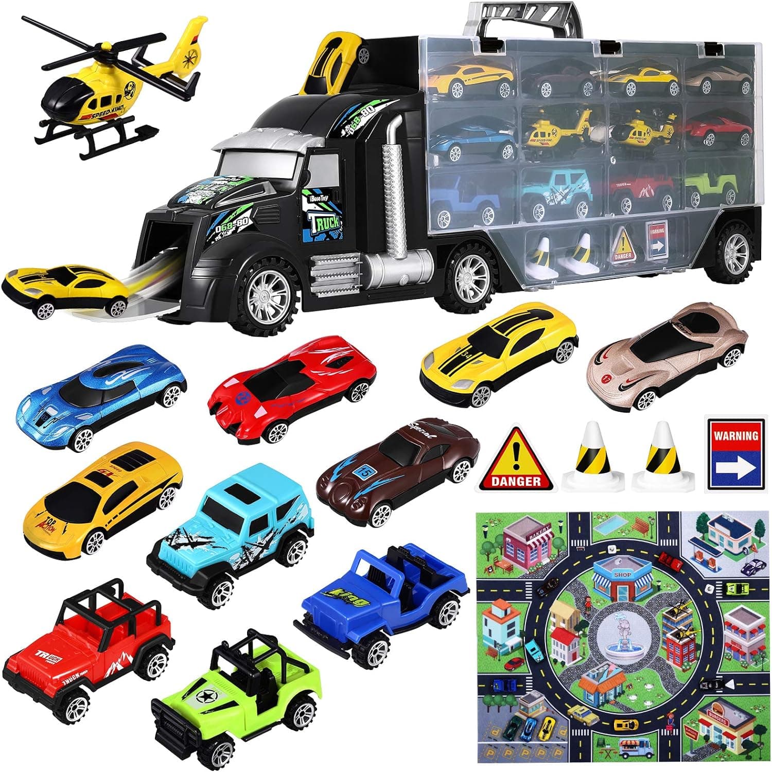 Toy Cars Carrier Truck: 18 Pieces Toddler Toys Car for Boys Transport Vehicles & Race Car Toys with Carrying Case Helicopters Race Car Play Mat Kids Toys Car Trucks Toy Set for Kids Boys Girls