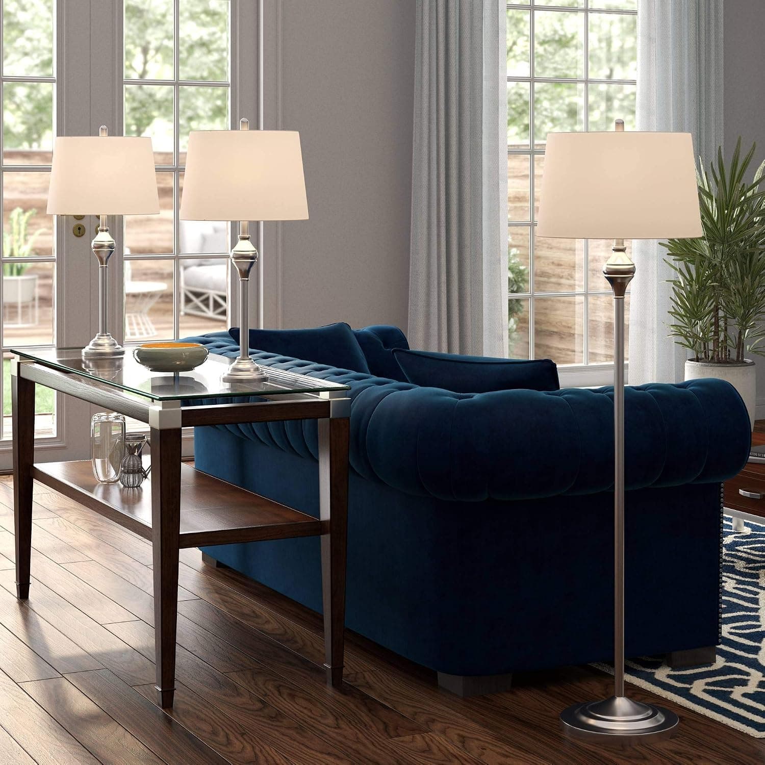 Barnes and Ivy Mason Traditional 3 Piece Table Floor Lamp Set Brushed Nickel Metal White Drum Shade Decor for Living Room Bedroom House Bedside Nightstand Home Office Reading Entryway Family