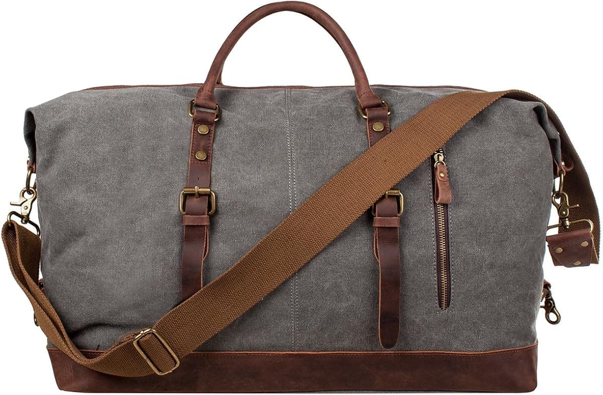 S-ZONE Duffle Bag for Travel 60L Canvas Duffel Bag Carry on Genuine Leather Overnight Weekender Bag for Men