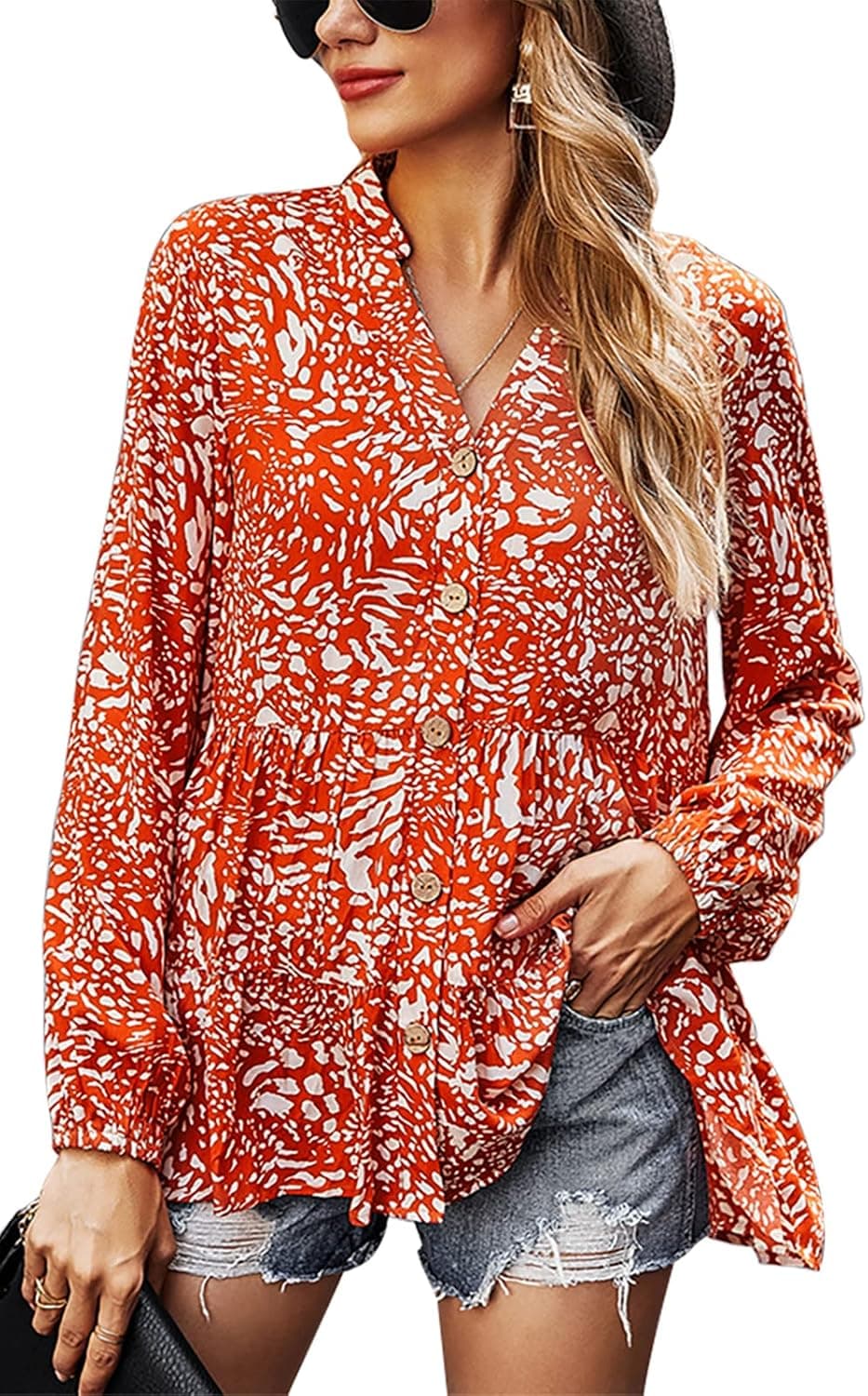 ALLTB Button Down Shirts for Women Boho Floral Flowy Tops Dressy Casual Blouses Long Sleeve Shirt V Neck Loose Fit