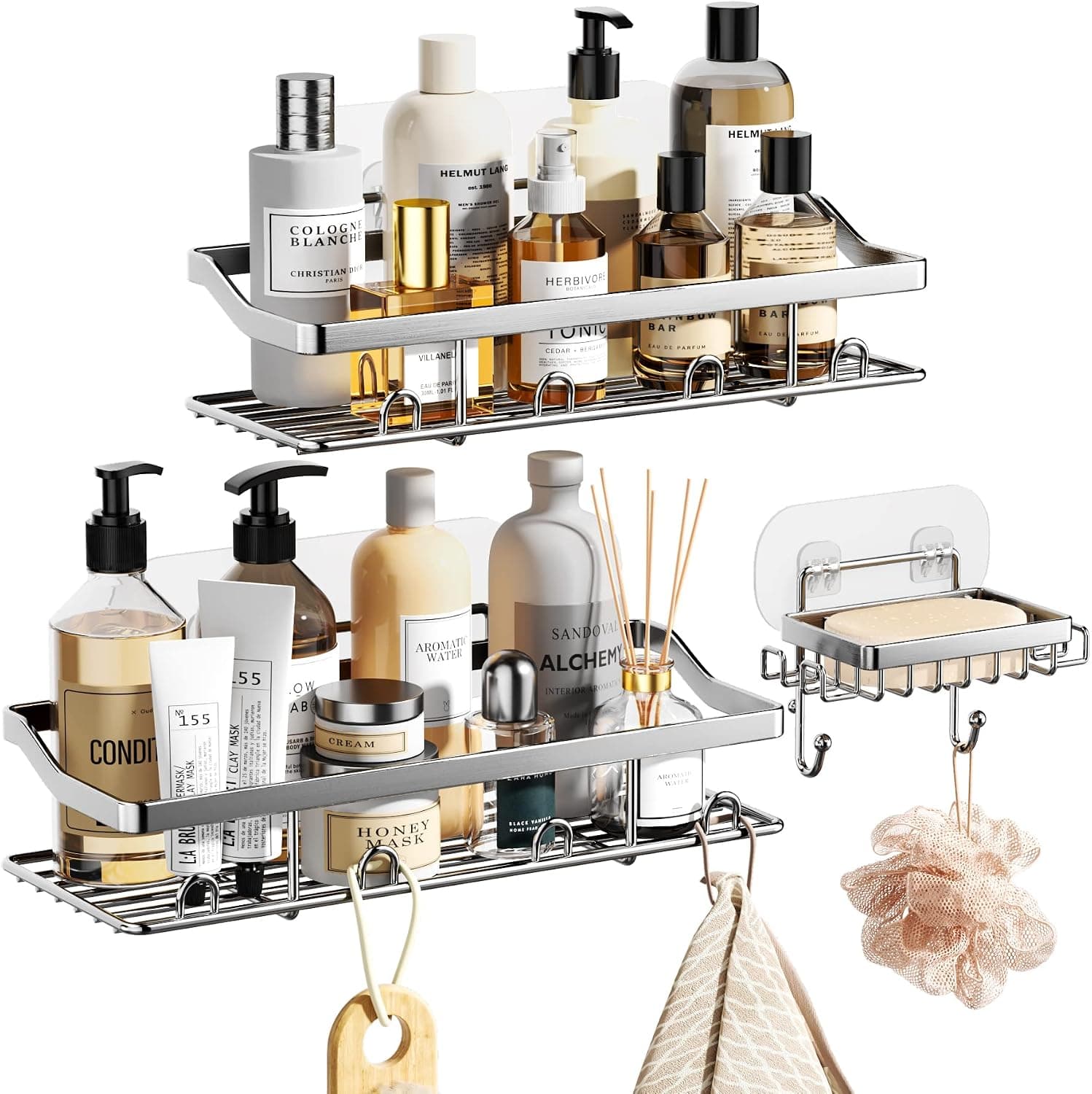 HapiRm 3 PACK Shower Caddy Basket With Soap Dish and 14 Hooks for Inside Shower, Adhesive Shampoo Holder Wall Mounted Shower Storage Shelf for Hanging Shower Ball, SUS304 Stainless Steel