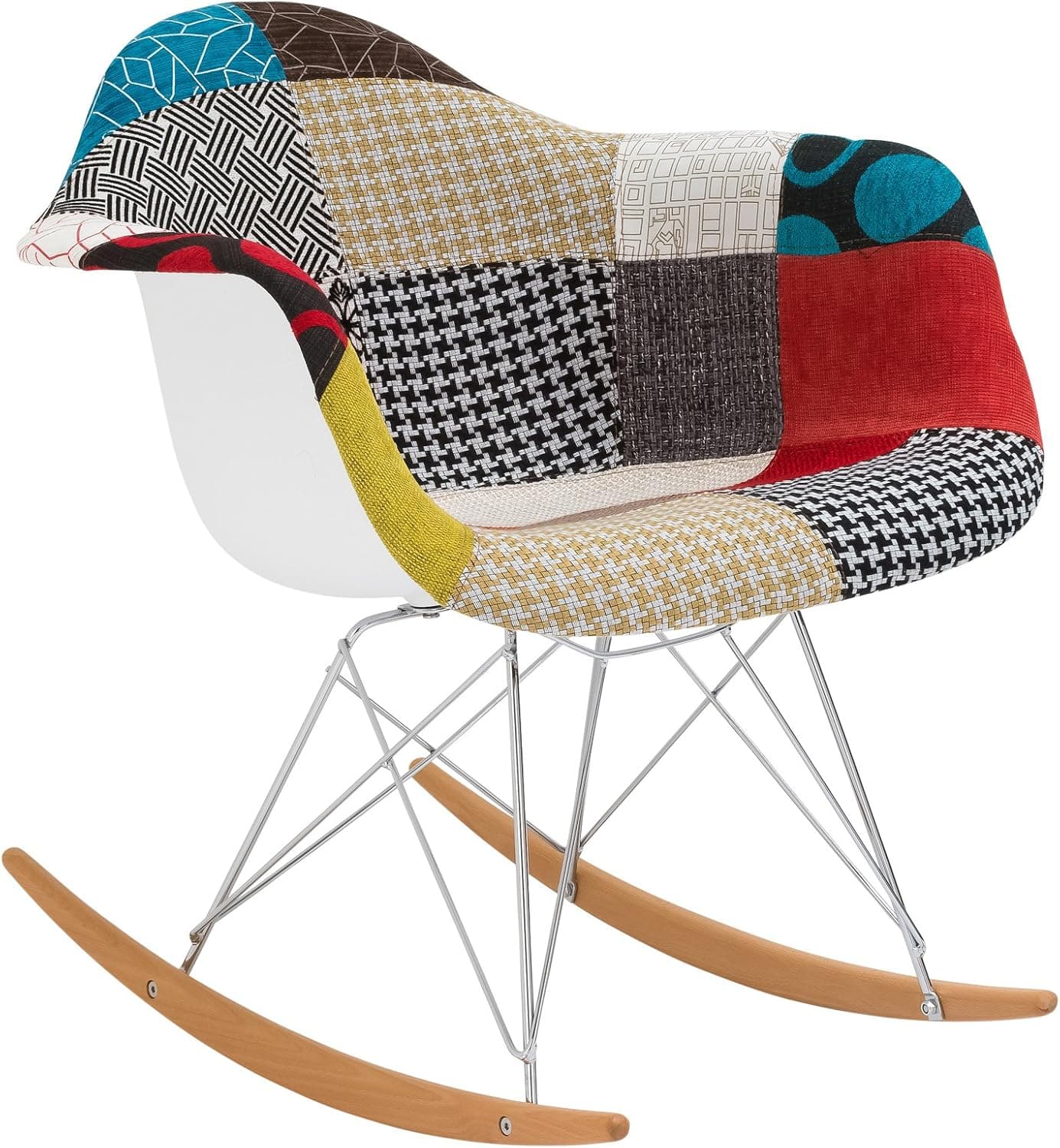 Poly and Bark Patchwork Rocker Upholstered Fabric Mid Century Modern Dining Arm Chair with Natural Wood Legs, Multicolor
