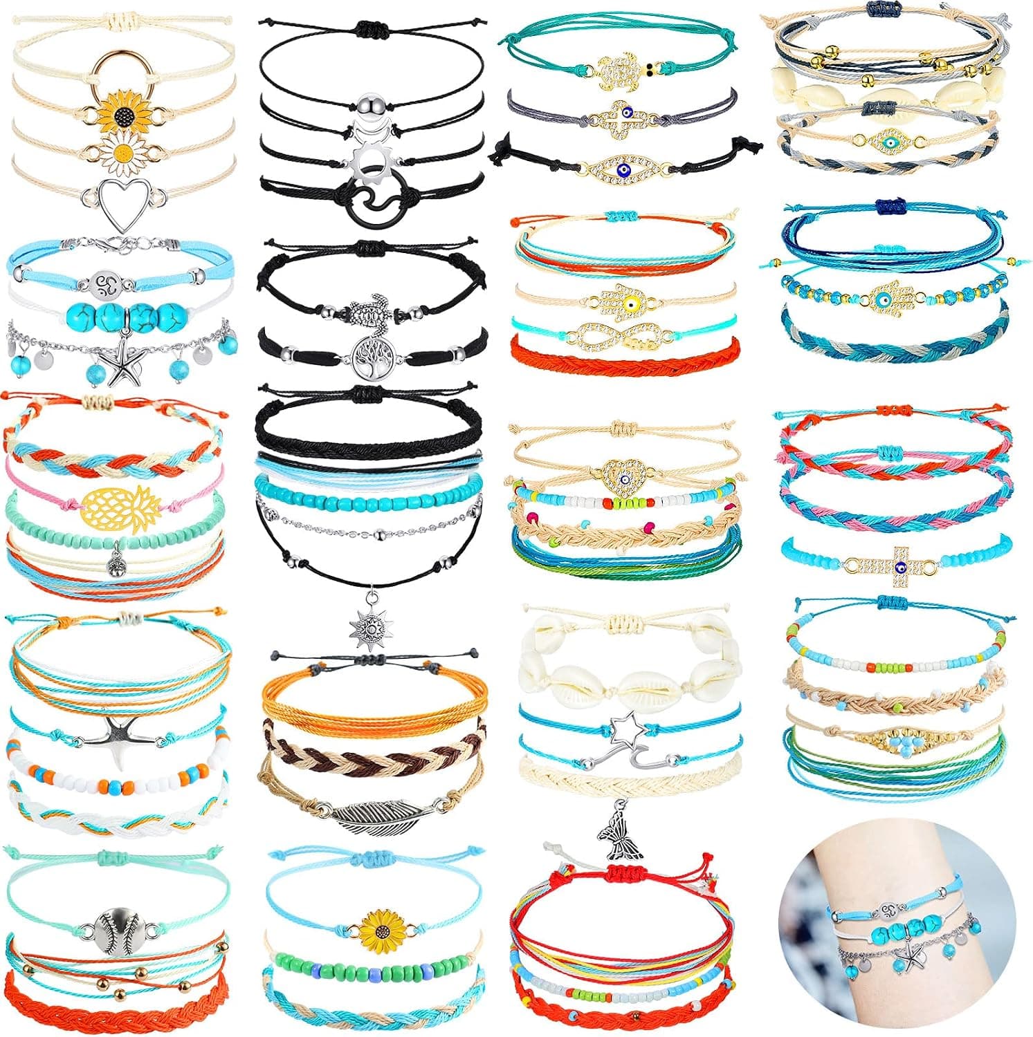66 Pieces Surfer Wave Friendship Bracelets for Teens Girls Braided Handmade Ocean Bracelets Sunflower Aesthetic String Boho Adjustable Bracelets Jewelry Accessories for Women Men Gifts (Cute Style)