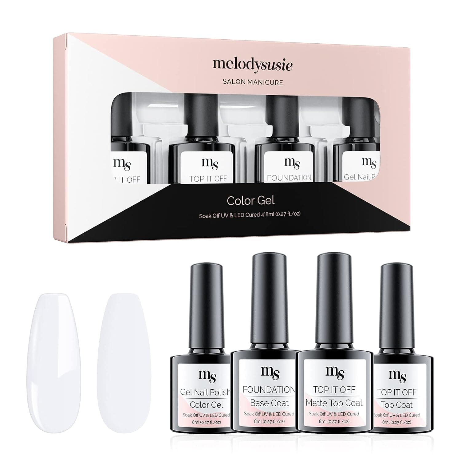 MelodySusie Gel Nail Polish Kit, 4Pcs 8ml White Colors with No Wipe Glossy & Matte Top Coat and Base Coat Set, Soak Off UV /LED for Nail Art Salon Nail Starter Gel Manicure Kit Christmas Nail Decorations