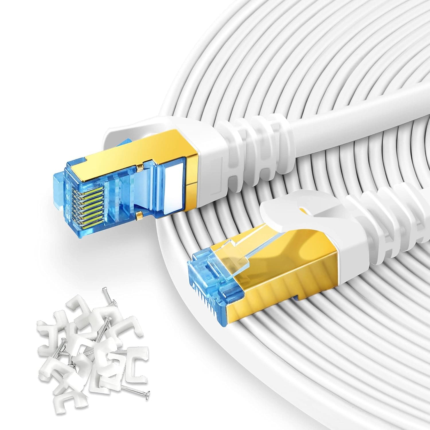 Ketlwnuoo Cat7 Ethernet Cable 75ft White – 10Gbps High Speed Internet Cable with Cable Clips – RJ45 Shielded Flat Network Computer Patch Cord for Computer/Router/Modem/TV/LAN