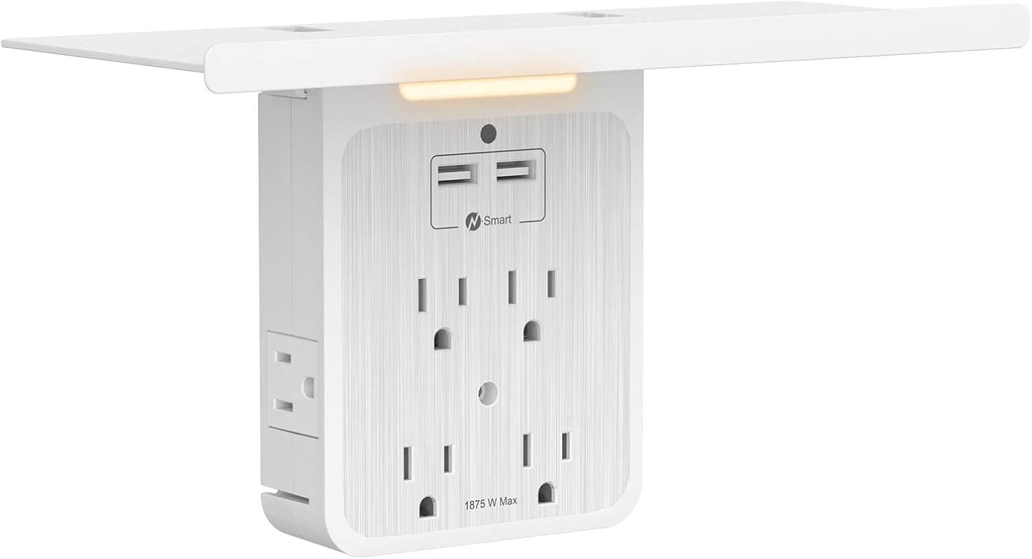 Removable Outlet Shelf with 6 AC Outlets 2 USB, NTONPOWER Multi Plug Outlet Extender with Night Light, Surge Protector Electrical Outlet, Wall Outlet Splitter for Bathroom, Kitchen and Bedroom, 1200J