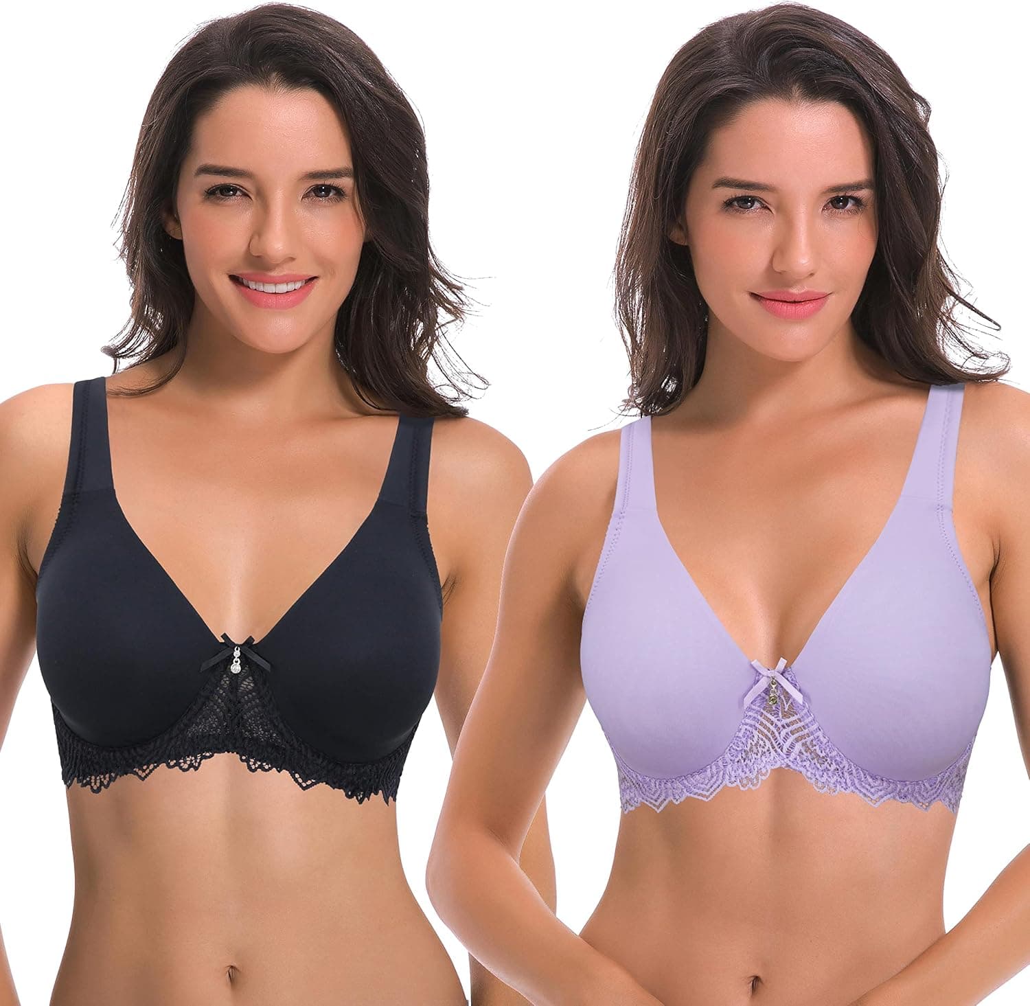 Curve Muse Women's Plus Size Unlined Underwire Lace Bra with Cushion Straps-2PK