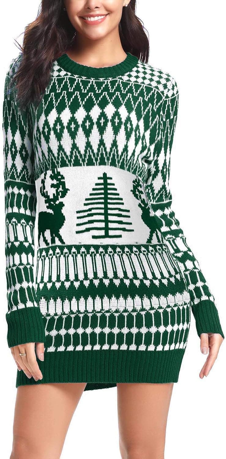 iClosam Women's Ugly Christmas Sweater Dress Reindeer Snowflakes Pullover Jumper