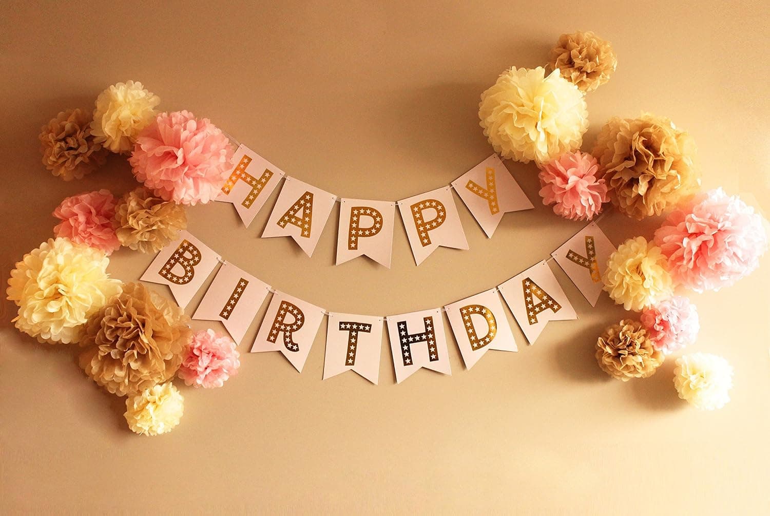 Ash & Parker Happy Birthday Pink Bunting Banner and 18 Pom Poms in White, Toffee, and Pink Party Decoration …