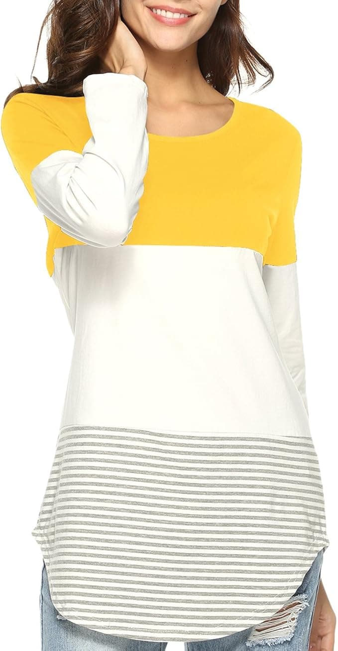 Aliex Women's Tunic Top Casual Long Sleeve T-Shirt Color Block Stripe Yellow M