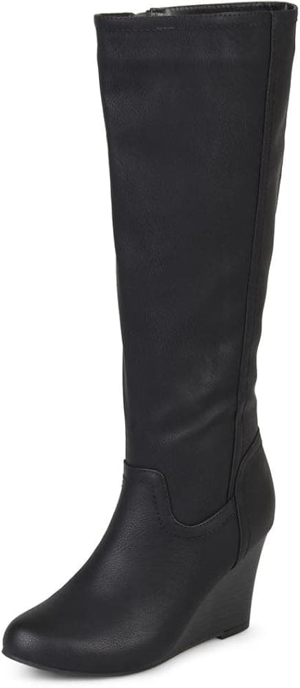 Brinley Co. Womens Regular and Wide Calf Round Toe Faux Leather Mid-Calf Wedge Boots