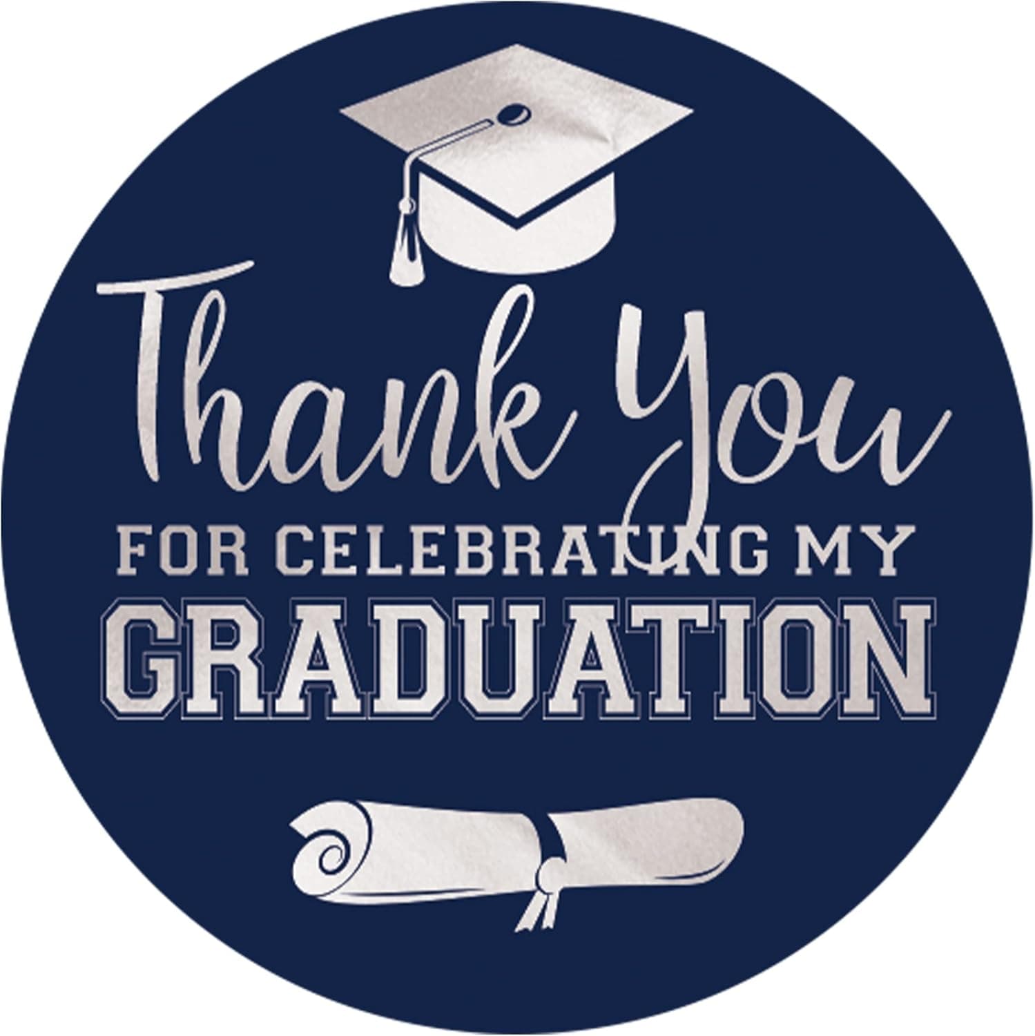 Graduation Party Circle Sticker Labels - Thank You for Celebrating My Graduation - School Colors - 1.75 in. - 40 Count (Silver Blue)