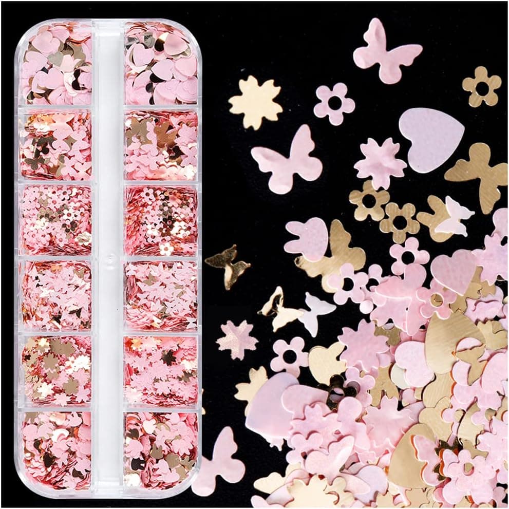 Dornail 12 Grids Gold Pink Flower Nail Glitter Sequins 3D Cherry Blossoms Butterfly Nail Sequin Flakes Rabbit Heart Nail Charm Nail Accessories for DIY Nail Decorations Nail Art Supplies