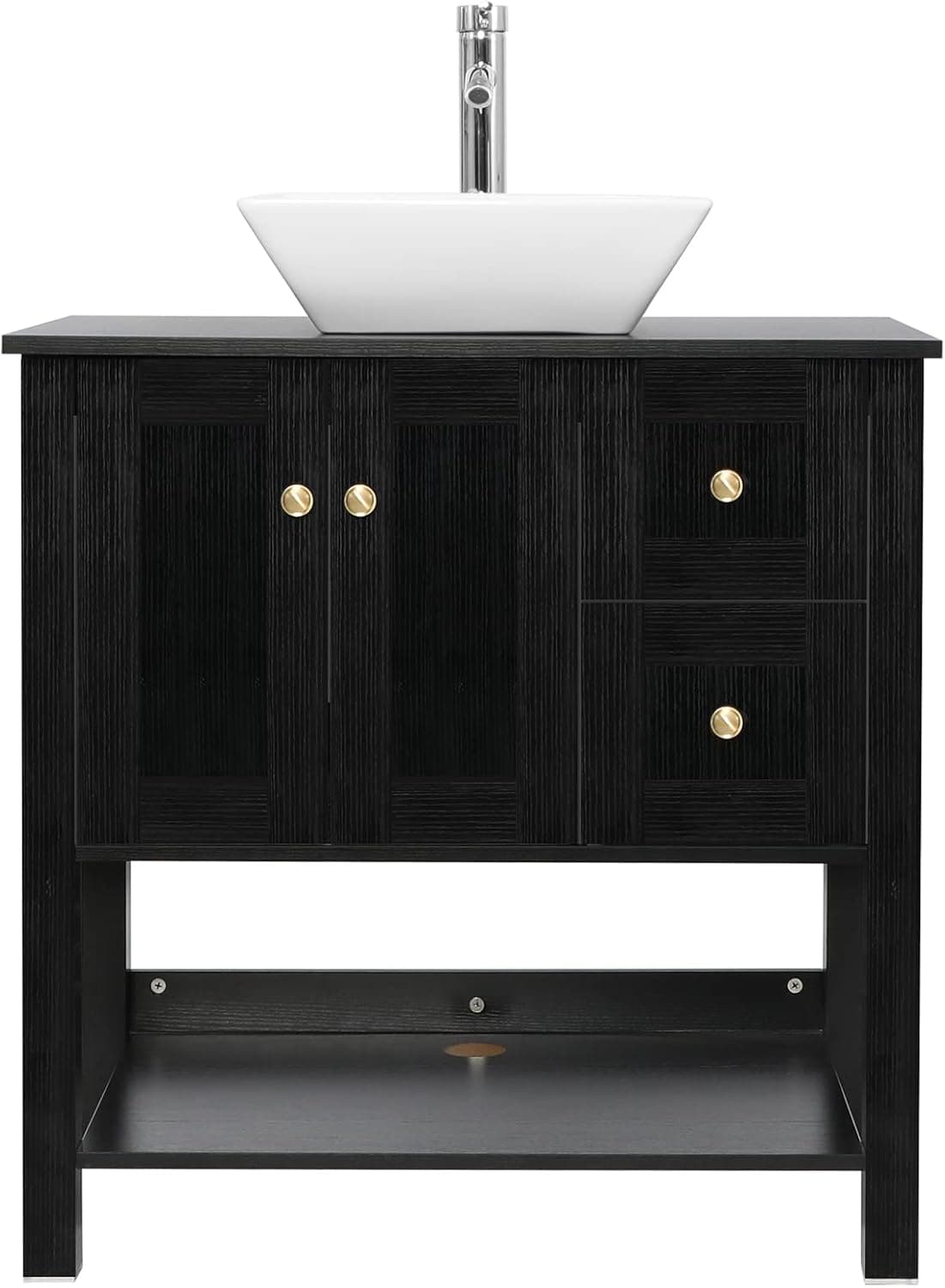 eclife 32” Black Bathroom Vanity Sink Combo Cabinet Modern Stand Pedestal W/16” White Square Ceramic Vessel Sink, 1.5 GPM Chrome Bathroom Solid Brass Faucet & Pop Up Drain Combo(A07V004)