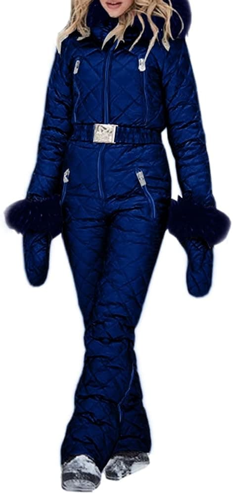 Womens Onesies Ski Suit Winter Outdoor Waterproof Ski Jumpsuit Jacket Overall Snowsuit Fur Collar with Hoodies Removable
