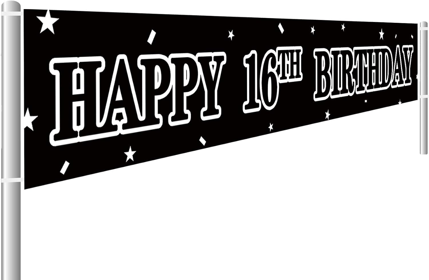 Large Black and White Happy 16th Birthday Banner, 16 Years Birthday Party Supplies, 16th Birthday Party Hanging Decorations (9.8 x 1.6 ft)
