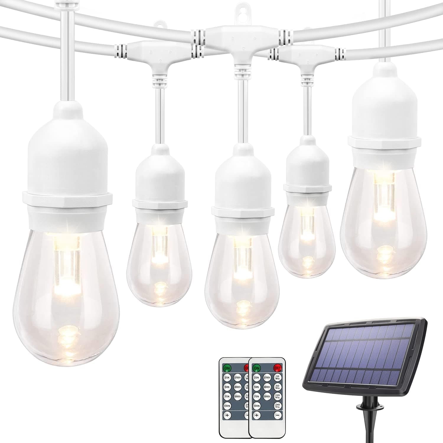 YLXS 3 Colors Solar String Lights Outdoor with Remote, 48FT LED Solar Powered Patio String with 15 Hanging Sockets, Dimmable, Shatterproof, Waterproof Warm/ Daylight White Light String, Cream Cord