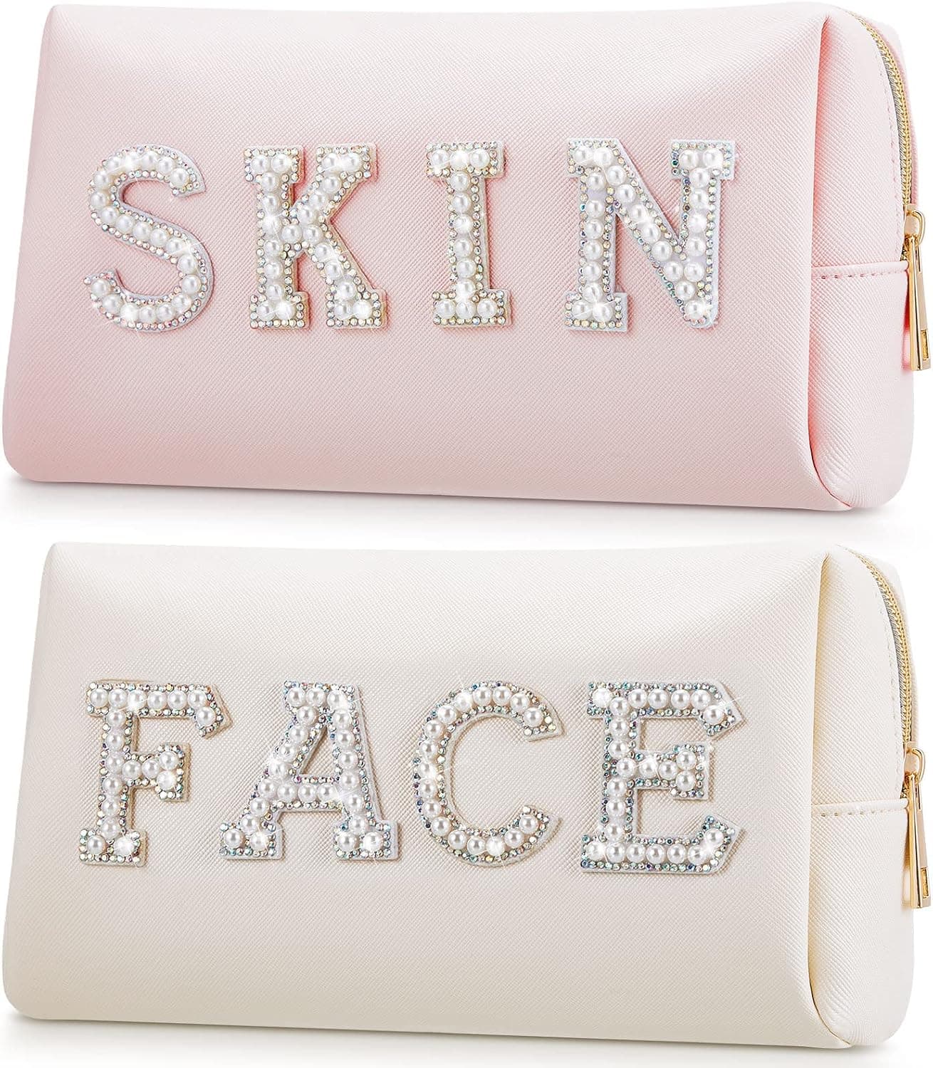 2 Pieces Preppy Patch Cosmetic Bag Pearl Rhinestone Letter Patches Small Cosmetic Bag Portable Makeup Organizer Waterproof Purse Zipper Pouch Storage Toiletry Bag for Varsity Women Girls