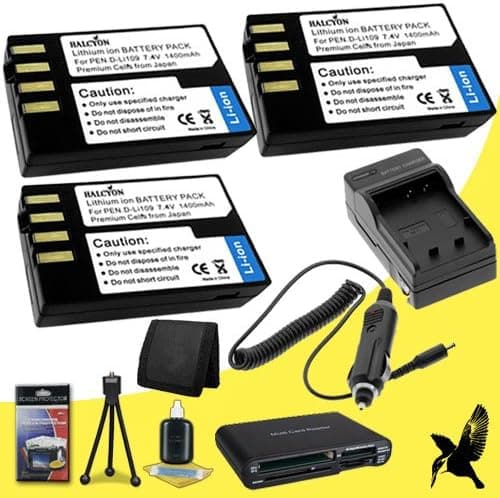 Three Halcyon 1400 mAH Lithium Ion Replacement D-LI109 Battery and Charger Kit + Memory Card Wallet + Multi Card USB Reader + Deluxe Starter Kit for Pentax K-50, K-500, K-r, K-30 Digital SLR Cameras and Pentax D-LI109