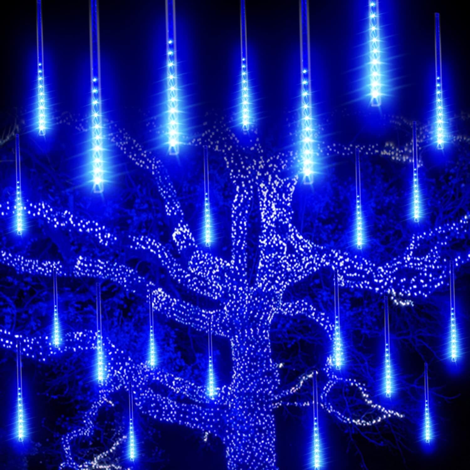 ULERSP Meteor Shower Lights Outdoor Extendable, 30cm 8 Tube 192 LEDs Christmas Icicle Lights Outdoor, Waterproof I Falling Rain Drop Lights for Tree Garden Window Xmas Decoration (Blue)