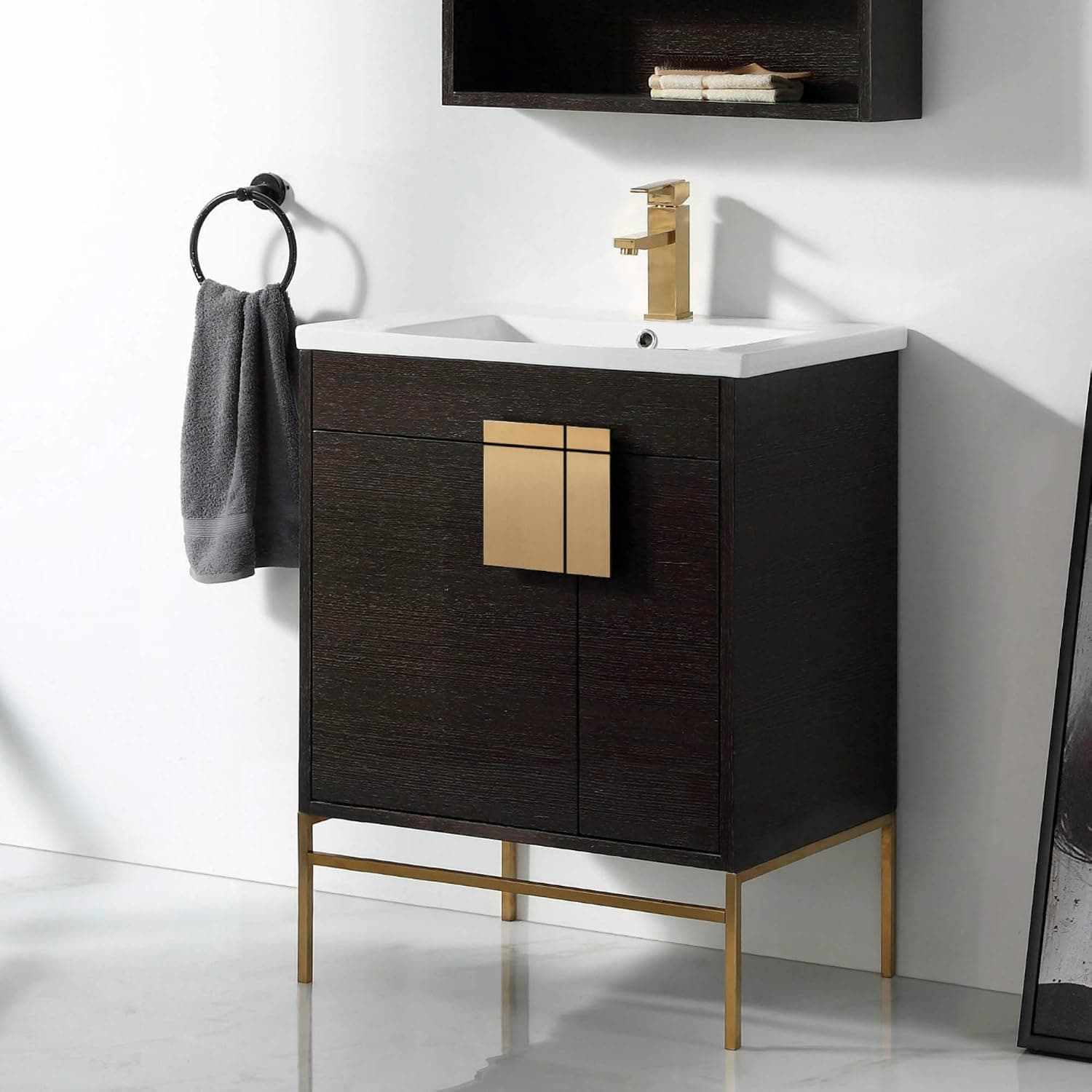 Fine Fixtures - Modern Black 30" Bathroom Vanity Set, Satin Brass Hardware, Vireous China Sink Top