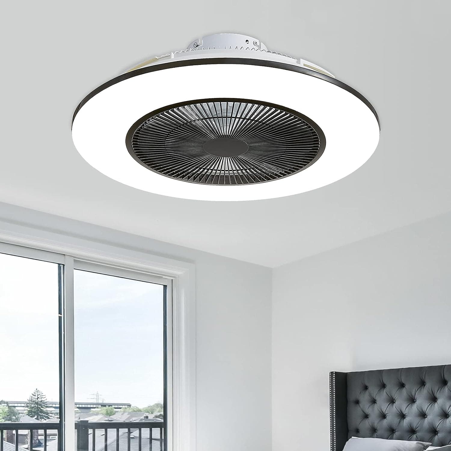 ZHU YAN Ceiling Fan with Lights,36W Led Dimmable Ceiling Fan with Remote,3 Color Changeable,3 Speed,Timing,22" Ceiling Lighting Fixture Flush Mount for Home Bedroom Living (Black)