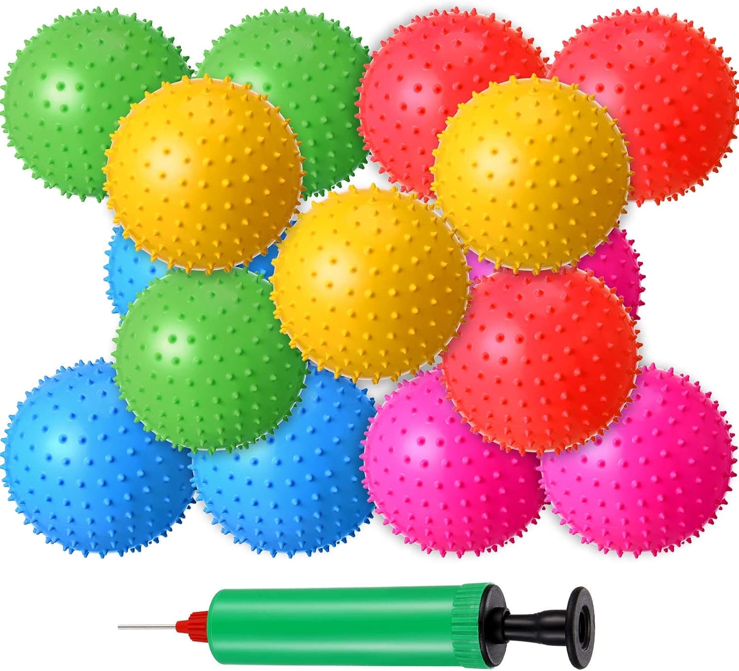 Yunsailing 15 Pieces 7.8 Inch Knobby Balls Fun Sensory Balls Play Bouncy Bulk Balls Inflatable Spiky Ball Massage Stress Balls with Pump for Party Favors Beach Kids and Toddlers, 5 Colors