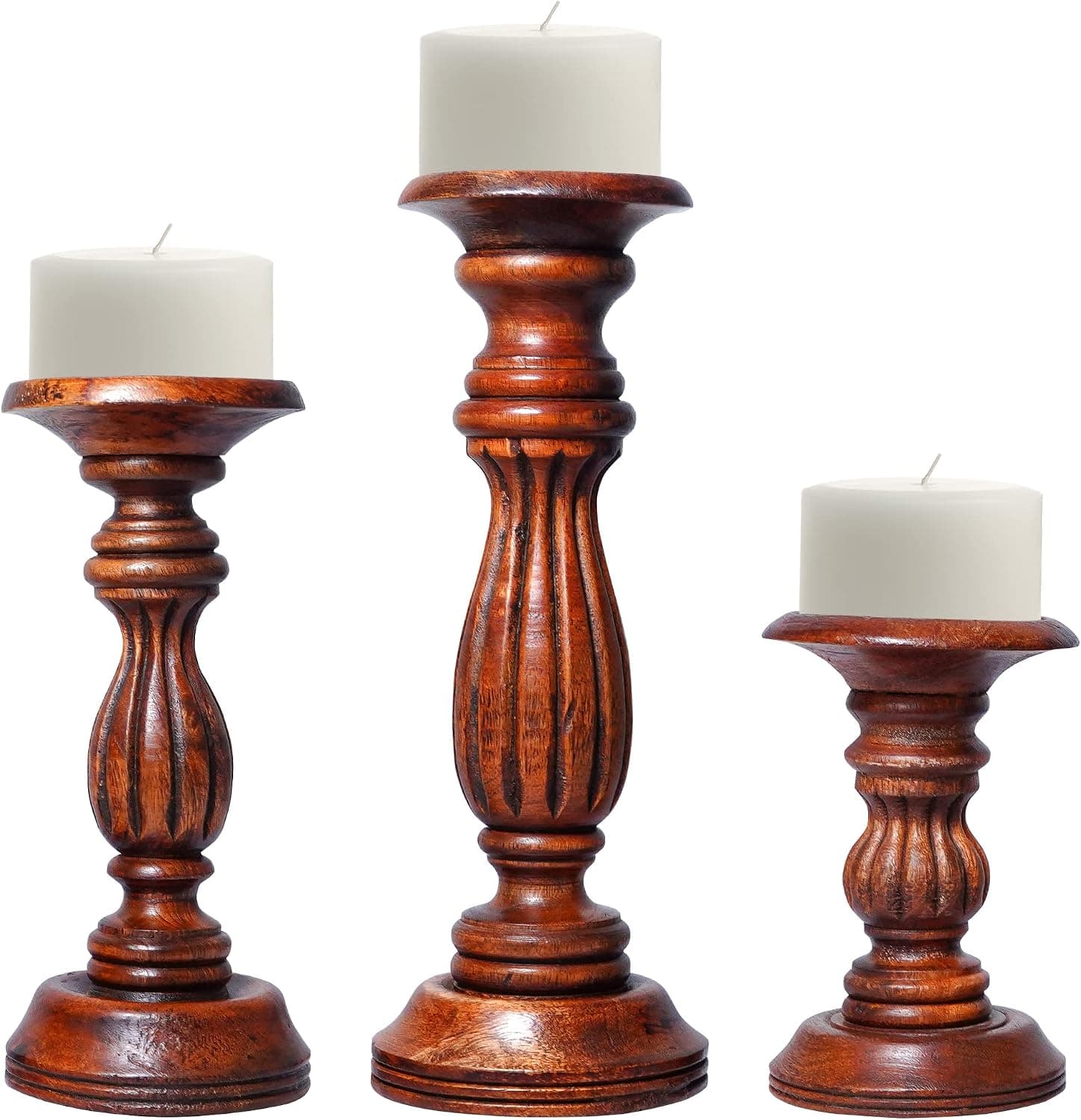 Mela Artisans Medium Polish Hand Carved Wooden Pillar Candle Holders - Set of 3 | Hana Decorative Style | Crafted from Mango Wood | Rustic Table Centerpiece Decor | Sized 6", 9" and 12"