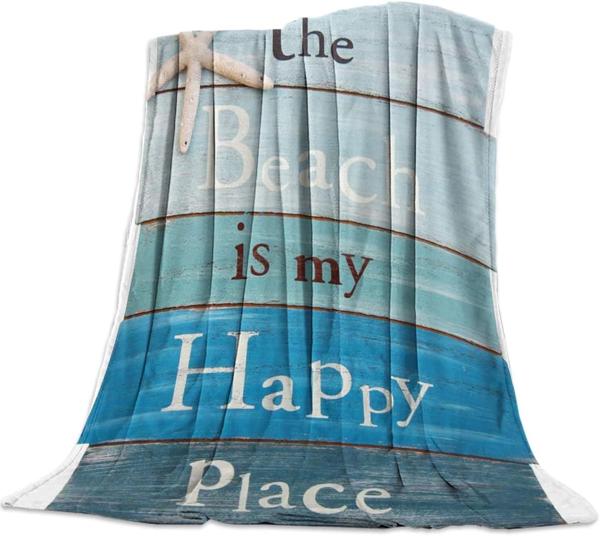 Fleece Blanket Throw Lightweight Super Soft Cozy Luxury Microfiber All Season Bed Blanket - Rustic Plank Starfish The Beach is My Happy Place (40 x 50 Inches)