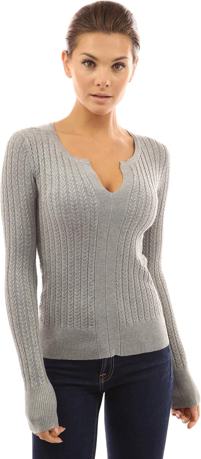 PattyBoutik Women Notch Neck Cable Sweater (Light Gray Large)