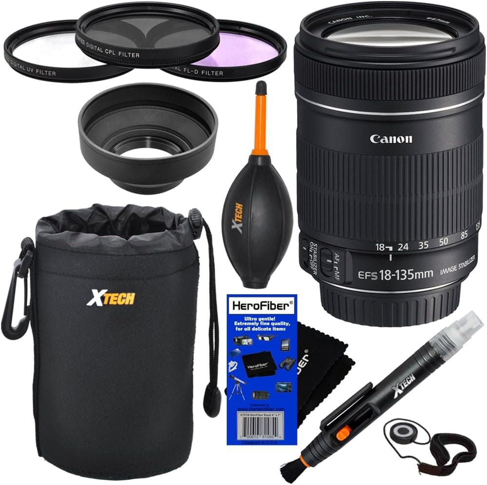 Canon EF-S 18-135mm f/3.5-5.6 IS Standard Zoom Lens for Canon EOS 7D, 60D, 60Da, 70D, EOS Rebel SL1, T1i, T2i, T3, T3i, T4i, T5i, XS, XSi, XT, & XTi Digital SLR Cameras + 10pc Bundle Deluxe Accessory Kit w/ HeroFiber Ultra Gentle Cleaning Cloth