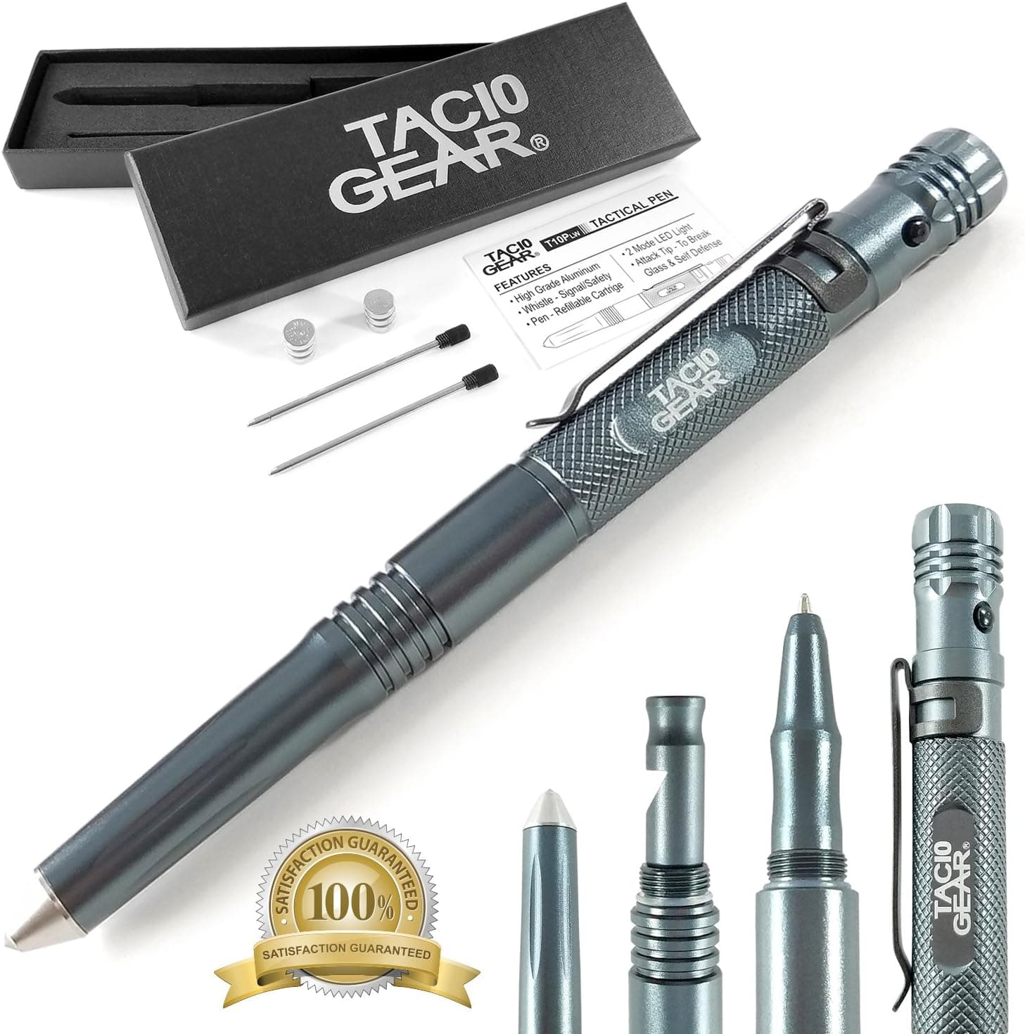 TAC10 GEAR Tactical LED Flashlight Pen - 2 Light Modes + Glass Breaker + Alert Whistle + 2 Sets Of Batteries + Extra ink + Gift Box (QTY 1, Gray)