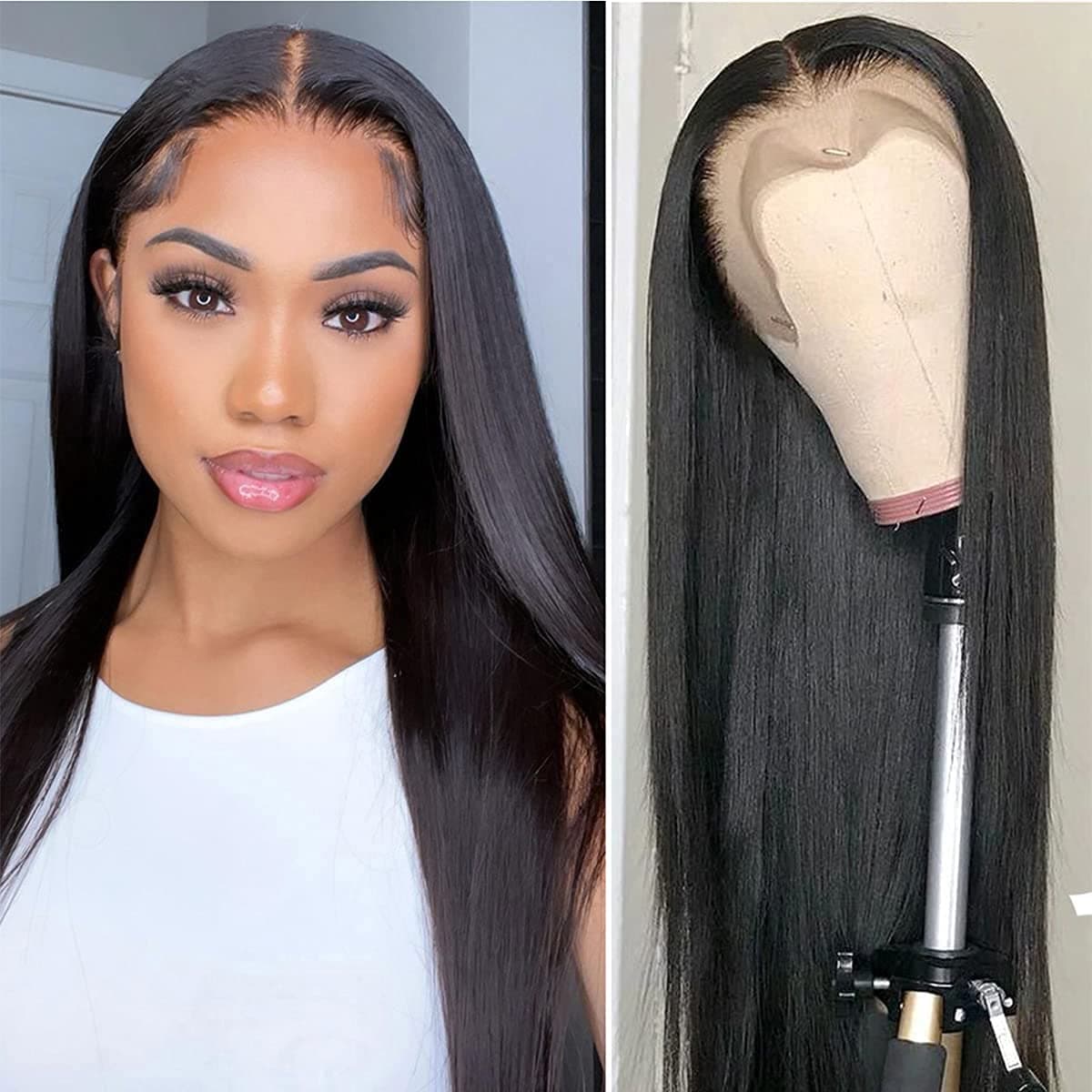 Straight Lace Front Wigs Human Hair 13x4 Lace Frontal Human Hair Wig Pre Plucked for Women 150% Density Brazilian Virgin Human Hair Wigs with Baby Hair Natural Color (18 Inch)