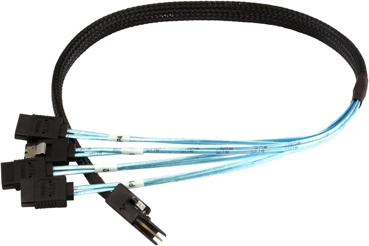 Monoprice 0.5m 30AWG Internal Mini SAS 36pin (SFF-8087) Male w/ Latch to SATA 7pin Female (x4) Forward Breakout Cable - Black