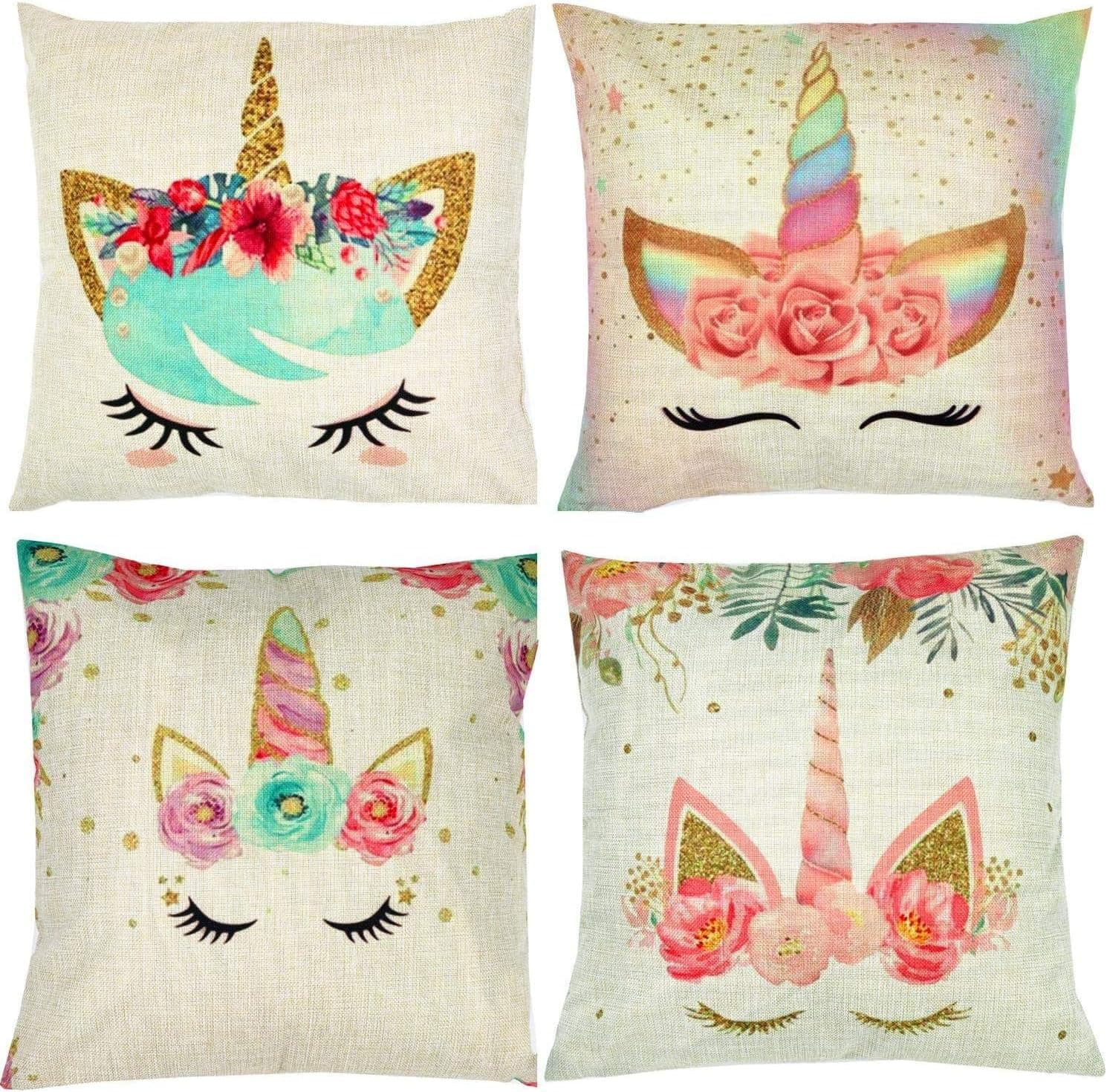 ZUEXT Set of 4 Unicorn Decorative Throw Pillow Covers 20 x 20 Inch, Colorful Pink Wavy Hair Unicorn in Garland Cotton Linen Cushion Cover Square Pillow Cases for Girls Women Kids Car Sofa Home Decor
