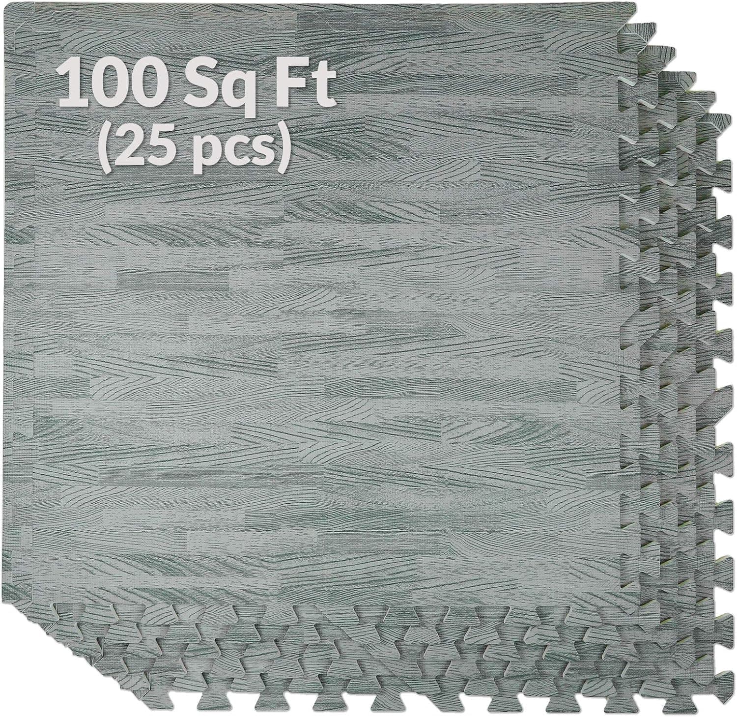 Clevr 100 sq ft. 3/8 Inch Thick Interlocking EVA Foam Floor Mat Tiles (24" x 24") 25 pcs | Protective Flooring for Home Office Playroom Basement Trade Show | Wood Grain Print Style |