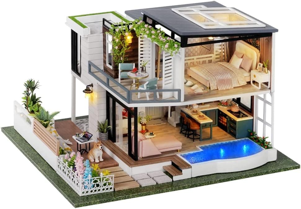 TuKIIE DIY Miniature Dollhouse Kit with Furniture, 1:24 Scale Large Garden Villa Wooden Doll House Accessories Plus Dust Proof & Music Movement for Kids Teens Adults(West Creek House)